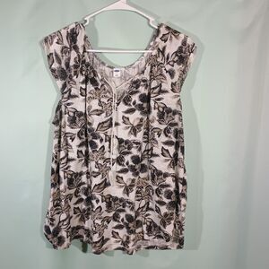 Black White Floral Blouse Tassel Tie Neck Flutter Sleeve Boho Lightweight Top